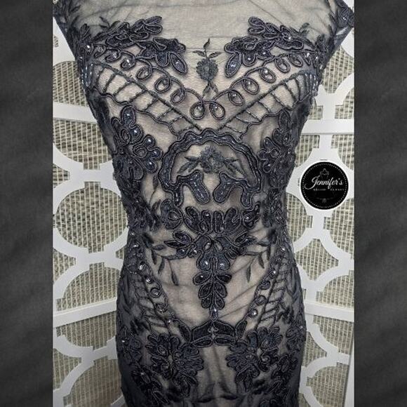 Cachet Charcoal Applique Illusion Tulle Mermaid Evening Gown Size 4 - Picture 4 of 16